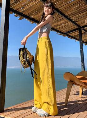 2025春装新款女装休闲直筒裤阔腿裤黄色休闲辣妹风牛仔裤女
