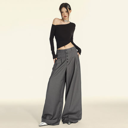 24th Blokette！美式复古设计排扣休闲西裤cleanfit垂坠阔腿裤