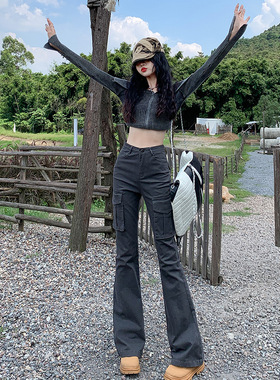 美式微喇叭工装裤女秋冬2024春夏高腰显瘦复古辣妹黑色马蹄裤子