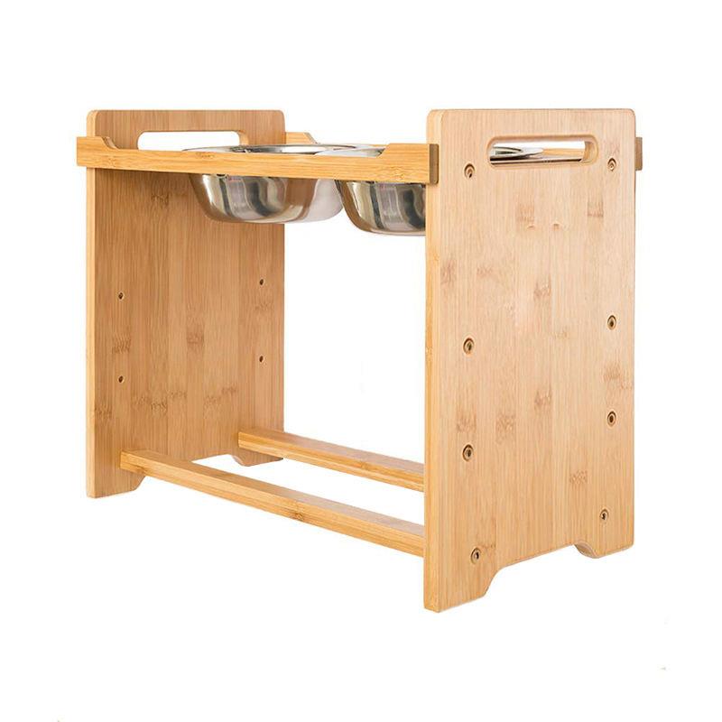 竹制宠物碗架中大型犬双碗喂食器可调节高度狗狗碗架竹木宠物餐桌