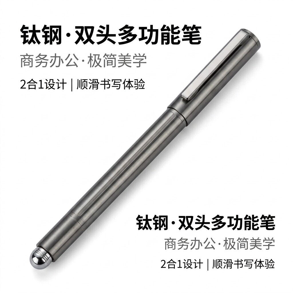 钛钢签字笔黑科技2合1双头商务签字笔金属枪灰色铅笔