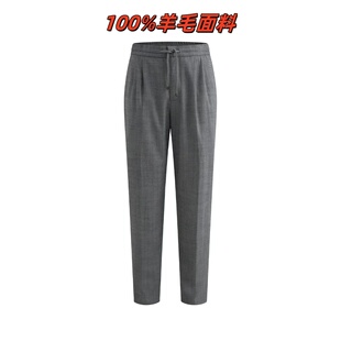 老钱BC风100%羊毛法兰绒长裤男士2025新款抽绳松紧休闲裤直筒裤子
