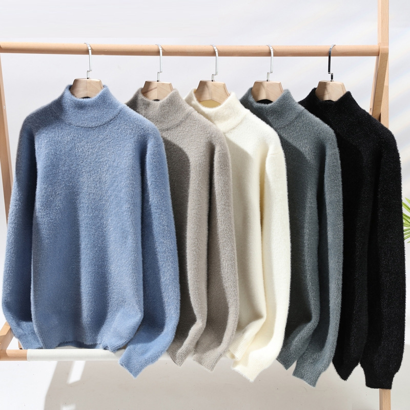 仿貂纯色款半高领毛衣男士宽松加绒加厚秋冬季内搭保暖潮牌针织衫