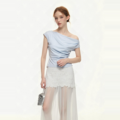 斜肩领法式收腰显瘦百搭女士短袖