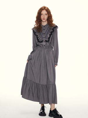 SURE ENOUGH 原创设计春季新款新中式长袖娃娃领收腰长袖连衣裙女