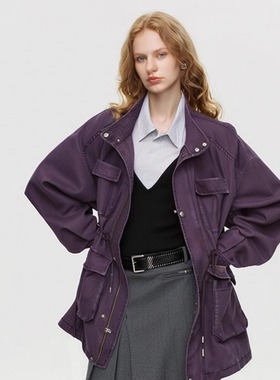 SUREENOUGH 秋季紫色宽松工装夹克外套廓形翻领风衣外套上衣