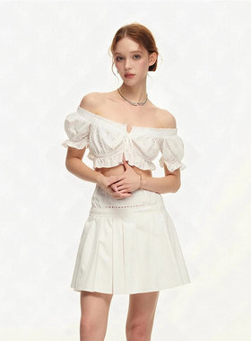 SUREEENOUGH春夏设计感法式荷叶边白色抹胸露腰衬衫上衣女