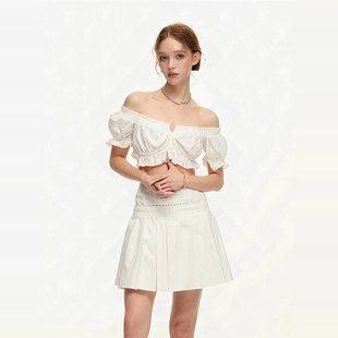 SUREEENOUGH春夏设计感法式荷叶边白色抹胸露腰衬衫上衣女