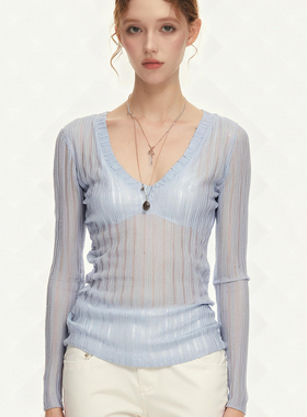 SUREENOUGH春夏蓝色V领针织衫微透长袖百搭打底外穿上衣女