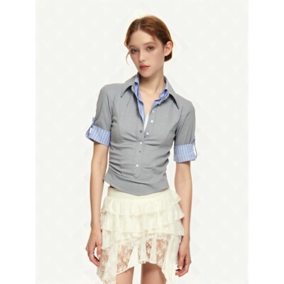 SUREENUOGH翻领拼接假两件超薄柔软透气短袖T恤上衣女夏