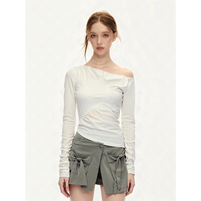 SURE ENOUGH 新品设计感爱心斜肩露肩不规则上衣长袖修身T恤