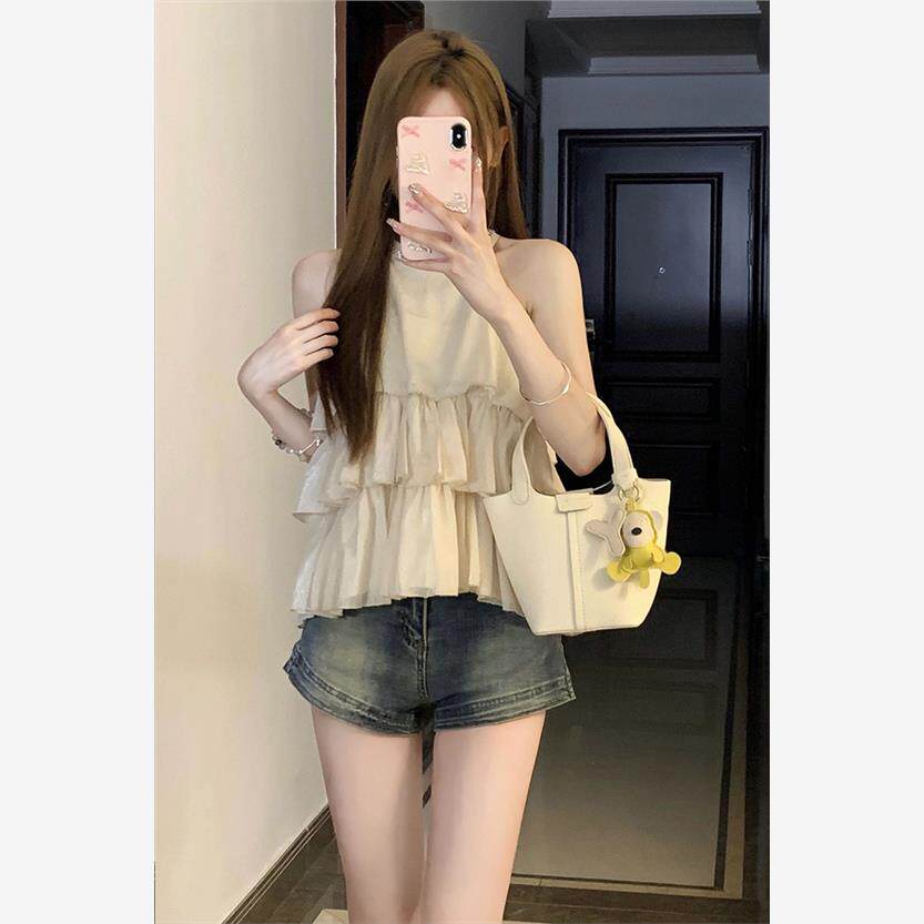 森系性感辣妹风挂脖雪纺衫女设计感小众套装女通勤牛仔短裤两件套