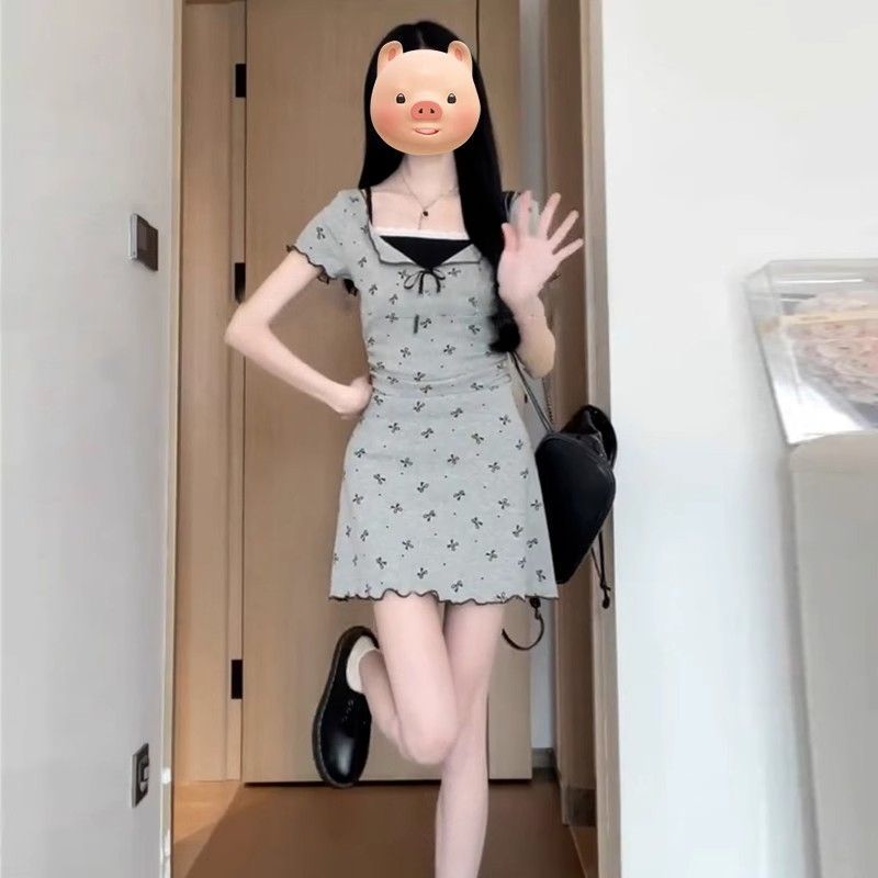 碎花蝴蝶结假两件连衣裙纯欲风气质甜美长裙子辣妹学生拼接包臀裙