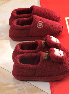 红色喜庆结婚陪嫁婚鞋拖鞋晨袍一对轻奢婚礼新婚情侣居家包跟棉鞋