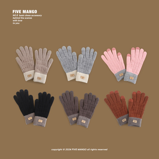 手套女秋冬季韩版复古字母皮标学生户外骑行防寒分指手套情侣休闲