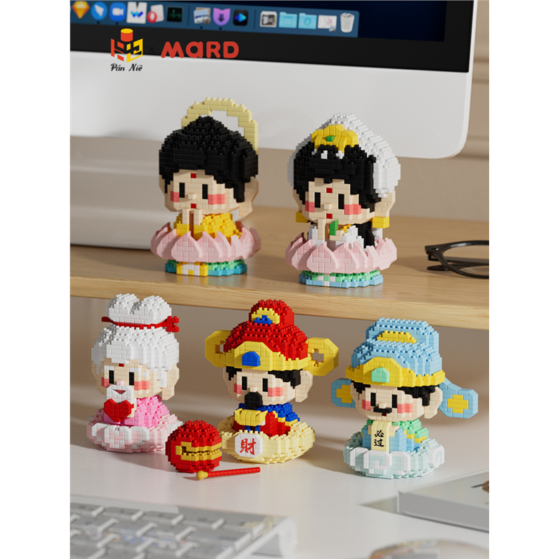 小神仙拼装益智适用乐高积木财神爷观音月老国潮摆件创意玩具礼物