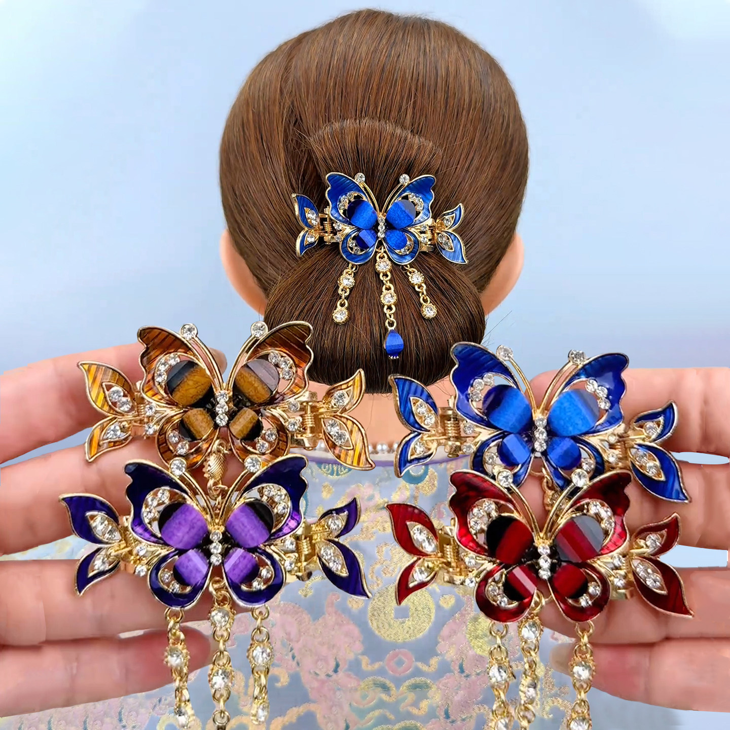 国风蝴蝶水钻流苏抓夹发卡2025新款后脑勺高级感妈妈盘发发夹女