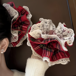 新年红色格子蕾丝大肠发圈头绳发饰配饰跨年丸子头扎头发绳头饰女