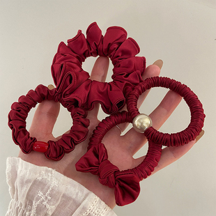 新年红色蝴蝶结缎面小肠发圈头饰配饰本命年过年扎发皮筋头绳发饰