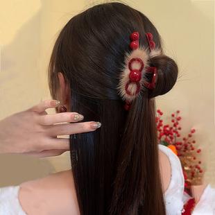 新年半扎发丸子头抓夹发卡发饰配饰马年后脑勺头发红色发夹发饰女