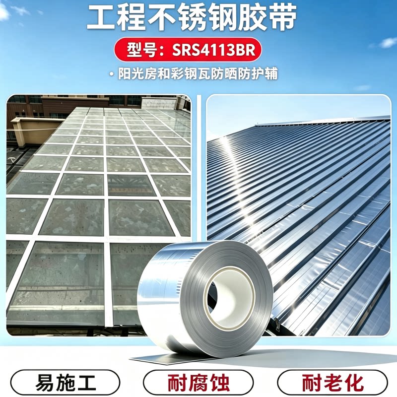 工程不锈钢胶带彩钢屋顶阳光房自粘修补防晒防腐防水密封防护胶带