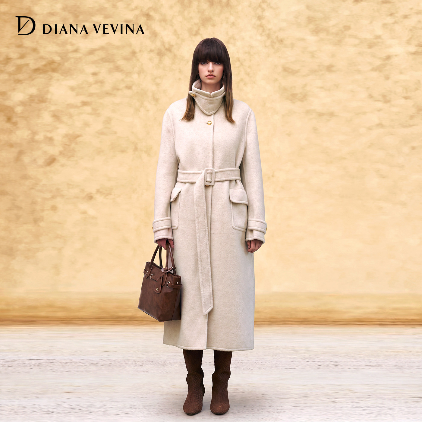 DIANAVEVINA2026冬季新款长款毛呢外套女士立领收腰厚款杏色大衣