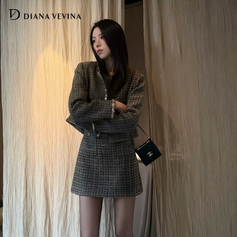 DIANAVEVINA2025秋季新款时尚套装女小香风外套背心连衣裙两件套