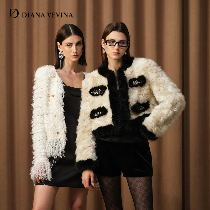 DIANAVEVINA冬新款提花玫瑰花拼色钉钻短款环保皮草短外套