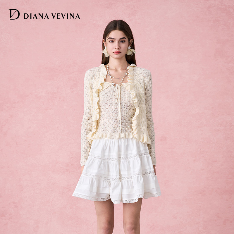 DIANAVEVINA秋季新款甜美V领镂空木耳边短款修身针织开衫吊带,女装/女士精品,毛针织衫,淘宝优惠券,粉丝福利购,淘宝优惠卷