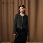 饰毛针织衫 DIANA 修身 珠子装 VEVINA秋冬新款 马海毛灰色钉珠开衫