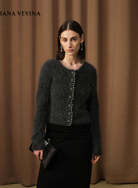DIANA VEVINA秋冬新款马海毛灰色钉珠开衫修身珠子装饰毛针织衫