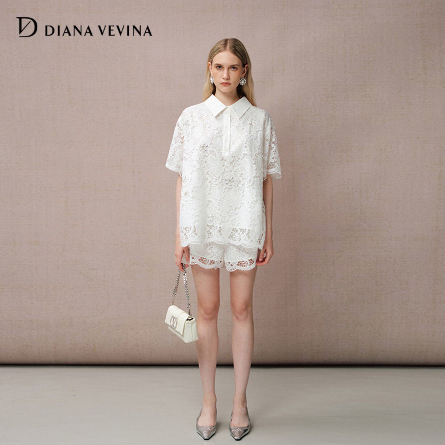 【胡可同款】DIANAVEVINA2026夏新款短袖衬衫蕾丝绣花短裤女套装