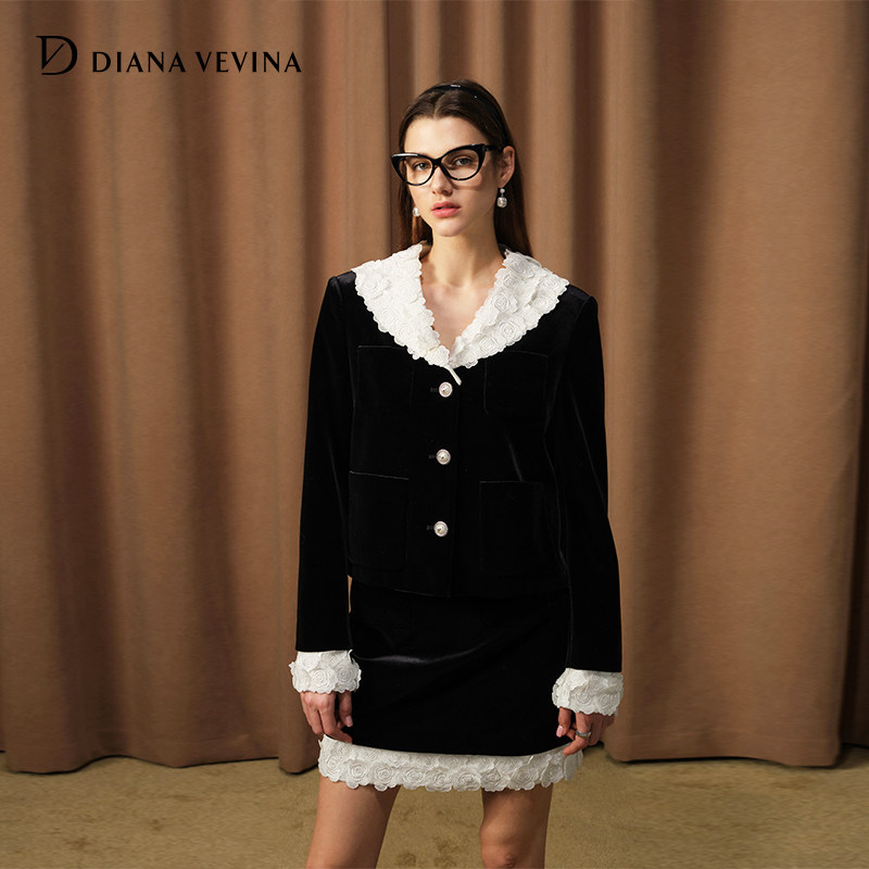 DIANAVEVINA秋冬新款复古宫廷大翻领手工蕾丝立体花朵丝绒外套