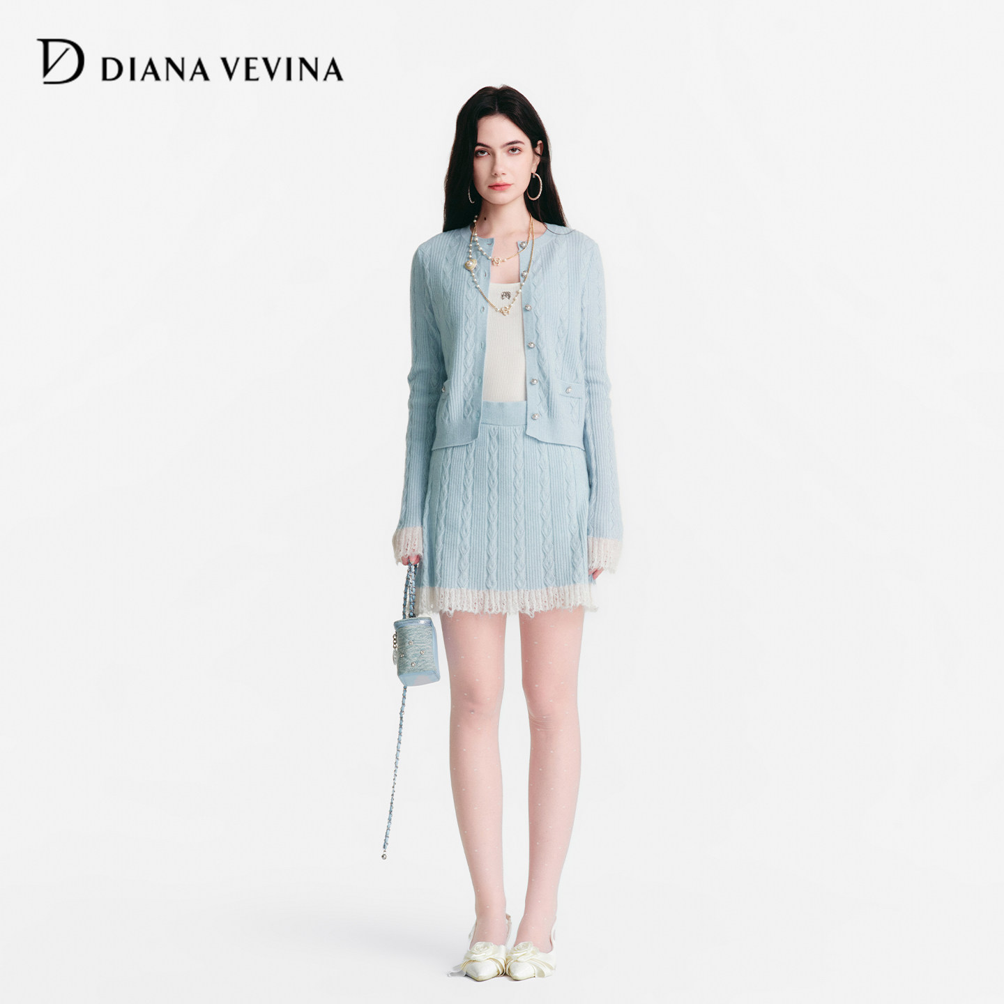 DIANAVEVINA2026春季新款拼接流苏针织开衫外套半身裙女羊毛套装