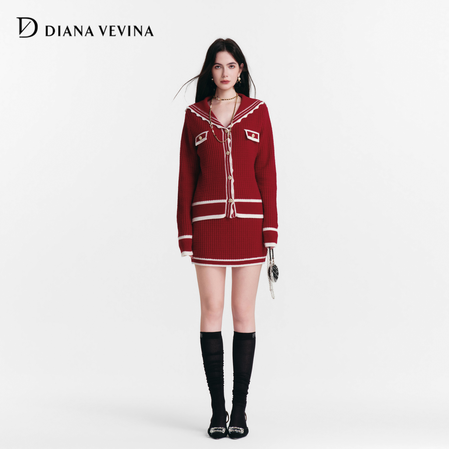 DIANAVEVINA2025冬新款复古红色海军领羊毛衣开衫短裙女针织套装
