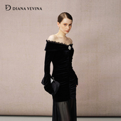 新款 DIANA VEVINA秋季 丝绒拼接雪纺一字肩立体褶皱亮钻连衣裙