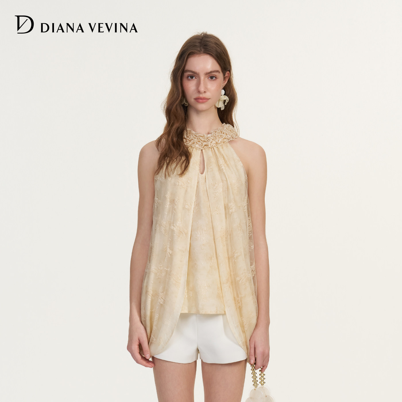 DIANAVEVINA2026夏季新款蕾丝晕染挂脖无袖斗篷式女轻薄雪纺小衫