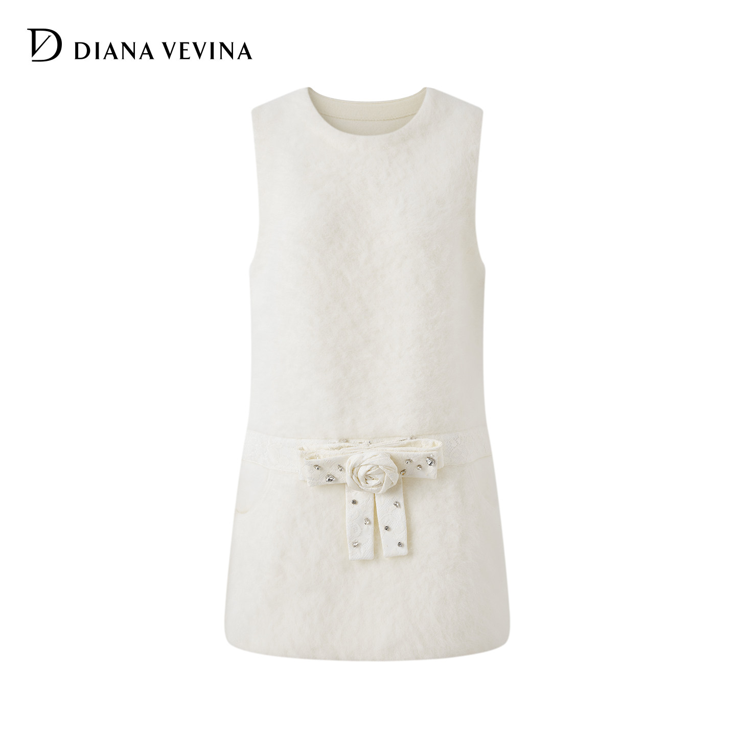 DIANAVEVINA2026春季新款蝴蝶结蕾丝毛绒感针织无袖女背心连衣裙