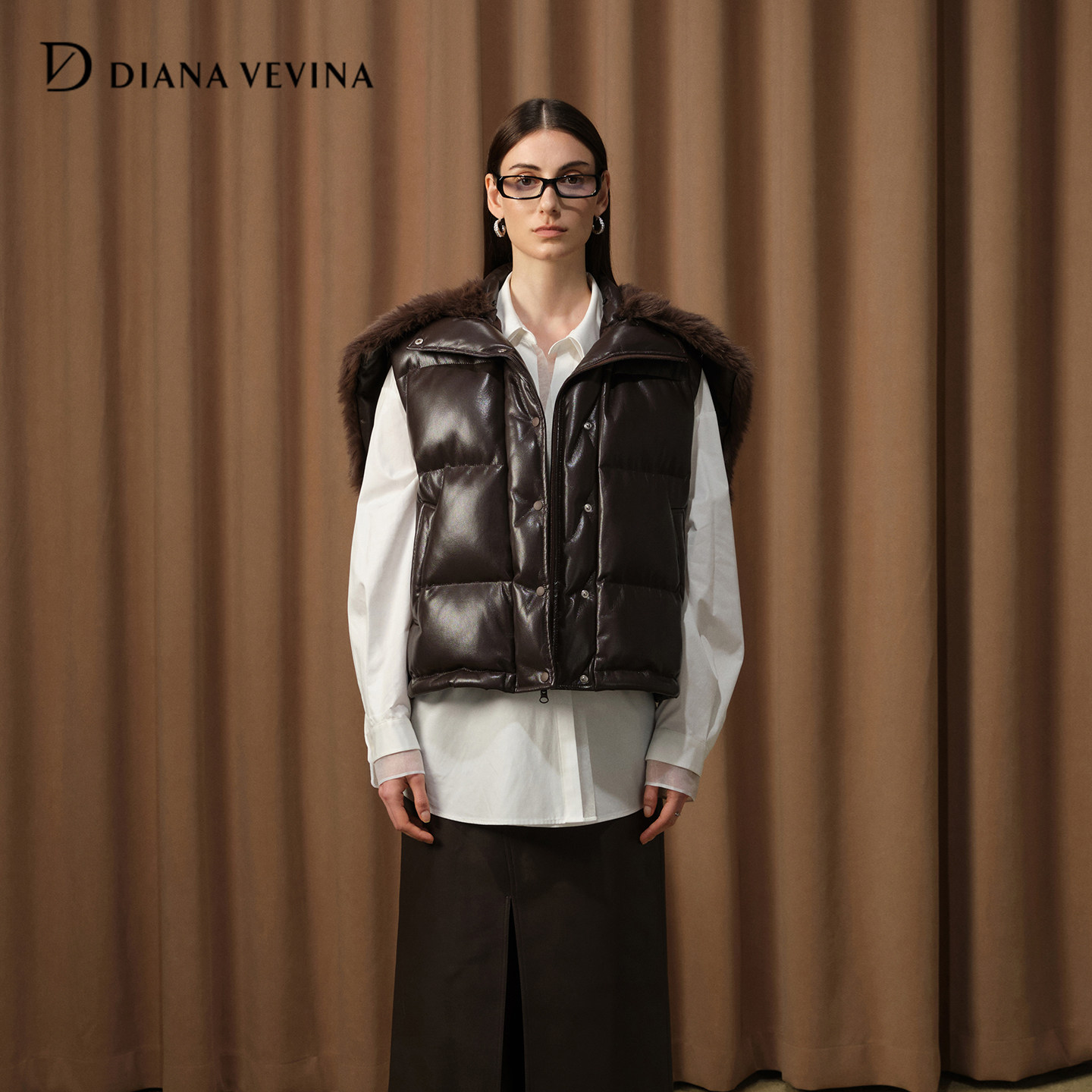 DIANAVEVINA 冬季新款蛋白仿皮可拆卸毛领保暖宽松羽绒马甲