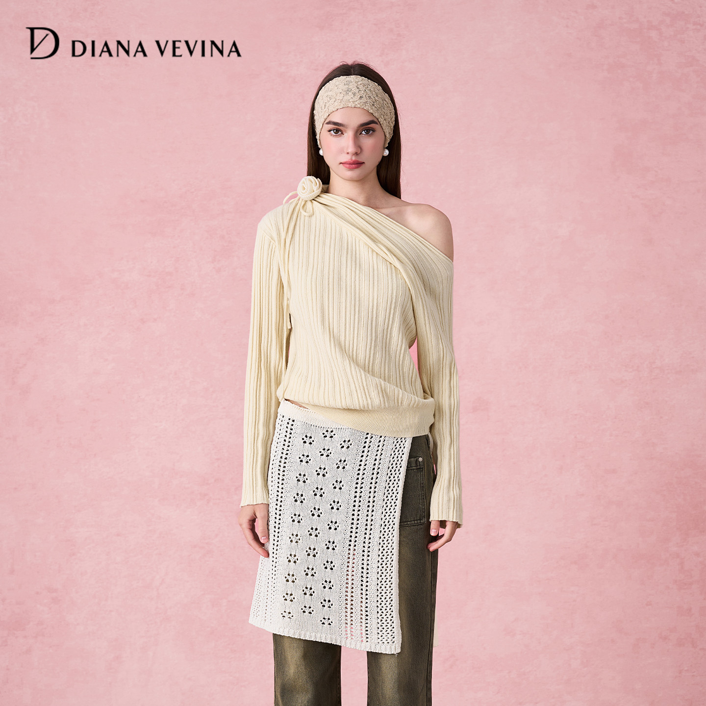 【黄圣依 沈羽洁同款】DIANAVEVINA秋冬新款斜肩羊毛衣女针织衫