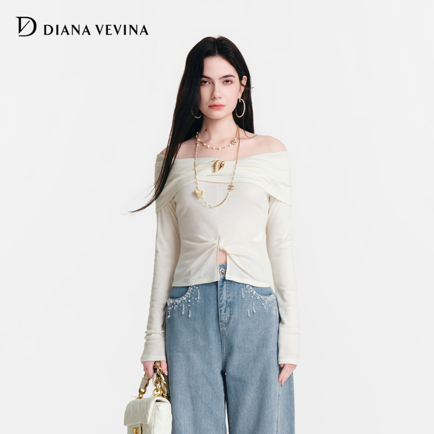 DIANAVEVINA2026春季新款一字露肩针织衫女长袖修身上衣短打底衫
