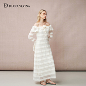 VEVINA秋季 新款 一字肩荷叶边大翻领蕾丝喇叭袖 DIANA 长款 连衣裙