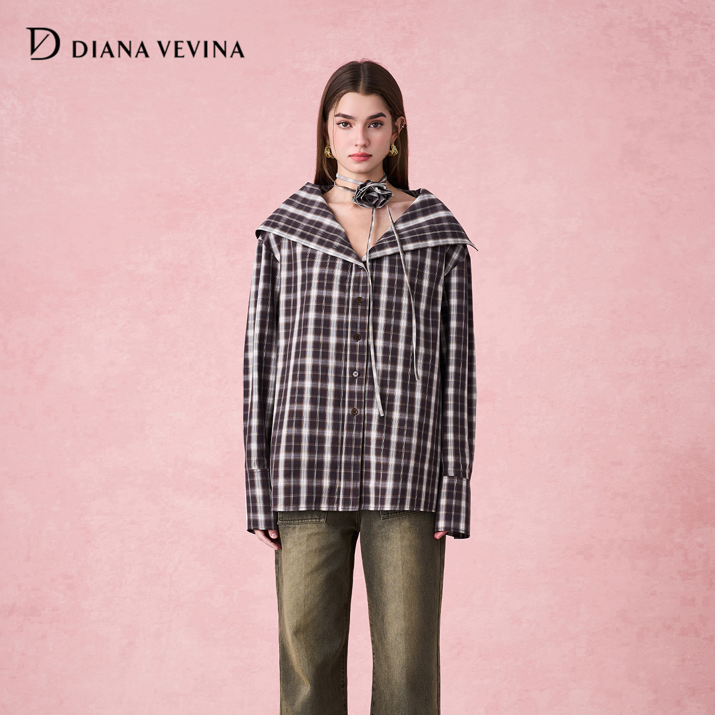 DIANAVEVINA秋冬新款翻领格纹立体花朵飘带长袖复古宽松衬衫,女装/女士精品,衬衫,淘宝优惠券,粉丝福利购,淘宝优惠卷