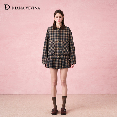 DIANAVEVINA2025秋冬新品格子夹克外套女复古百褶A字短裙休闲套装