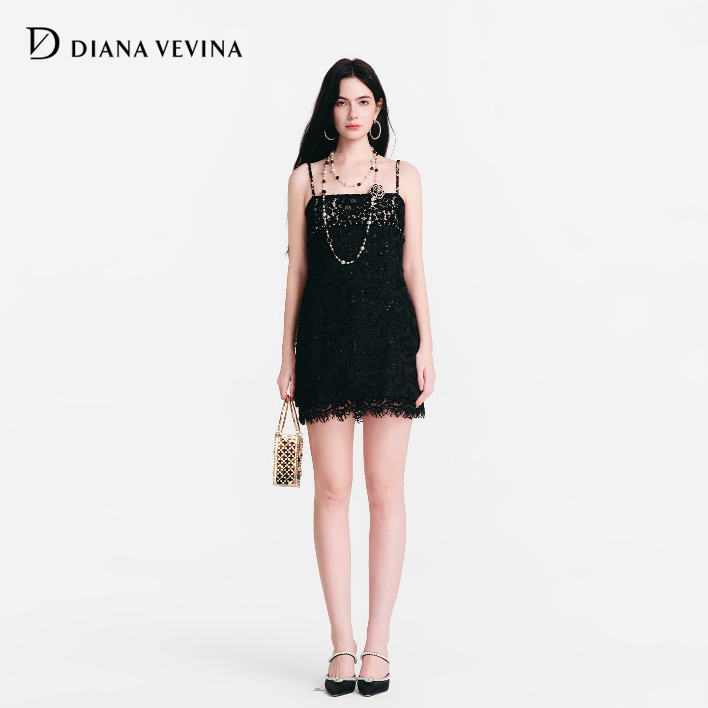 DIANAVEVINA2026春季新款黑色蕾丝拼接吊带连衣裙女收腰礼服短裙