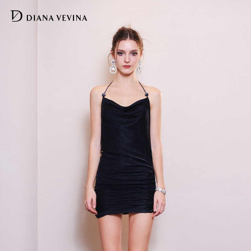 DIANA VEVINA细闪网纱挂脖连衣裙灵动飘逸垂感秋新款裙子
