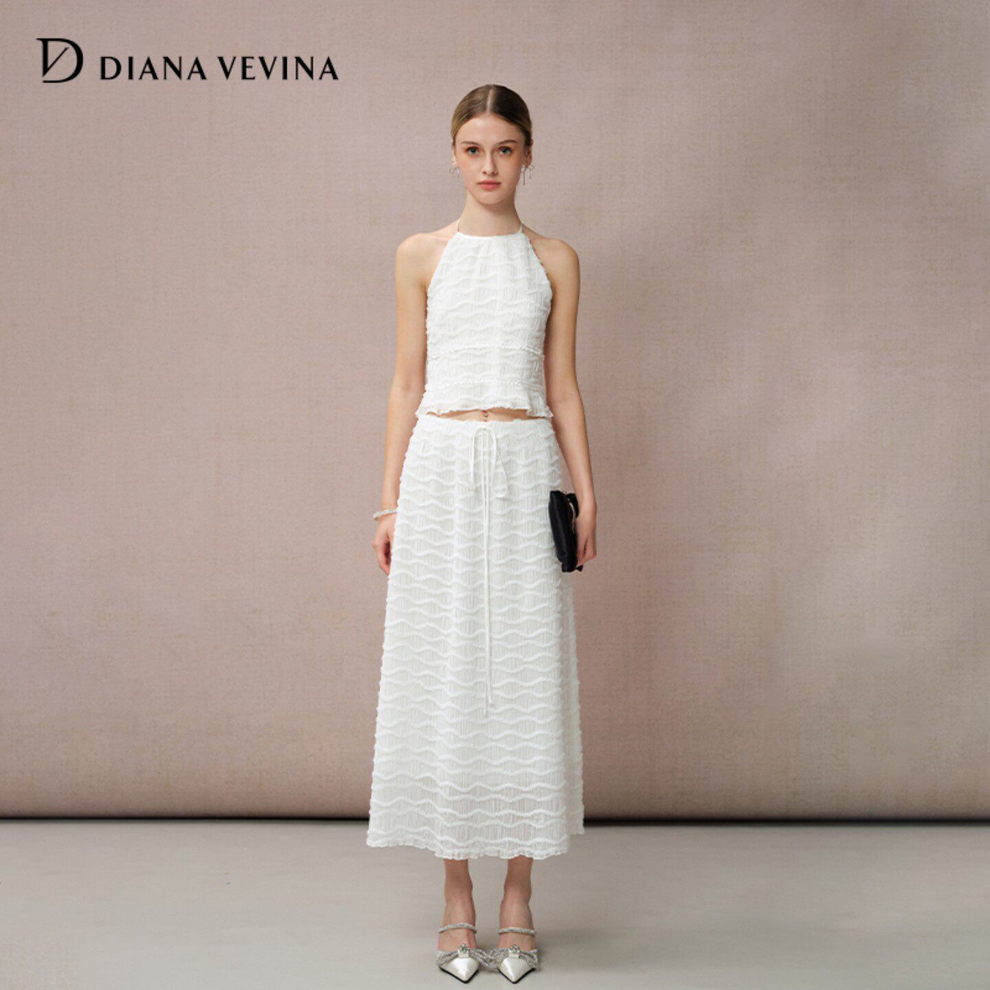 DIANAVEVINA2026夏季新款时尚套装女雪纺网纱挂脖露背上衣半身裙