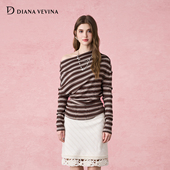 优雅斜肩长袖 DIANAVEVINA秋冬新品 条纹logo打底衫 圆领T恤女士