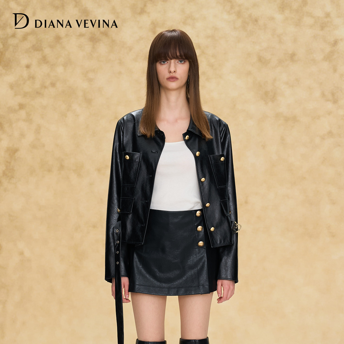 DIANAVEVINA26秋新款黑色爱心金属扣腰带皮衣女短环保皮夹克外套