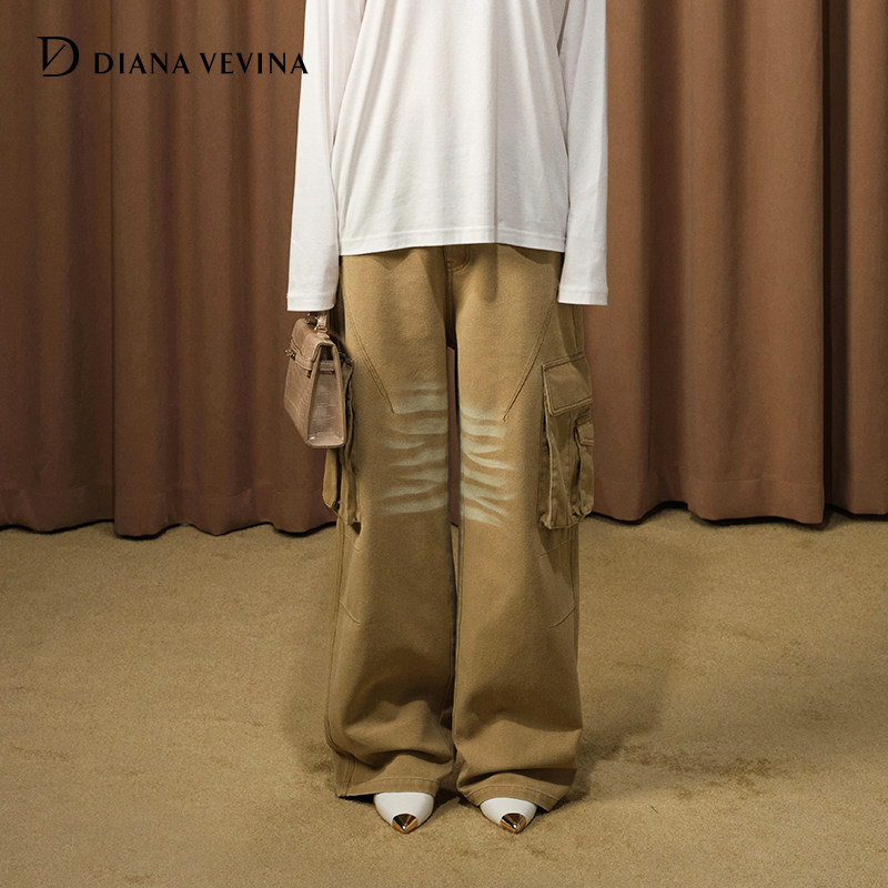 立体口袋工装阔腿牛仔裤